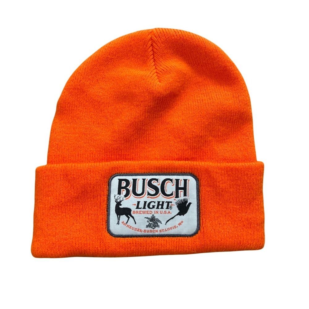 Busch Light Beer Beanie Hat Neon Blaze Orange Hunter Deer Pheasant Patch Knit